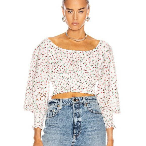 Rixo Helena Floral Cropped Smocked Blouse US 4 - Picture 1 of 9